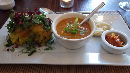 Potato Cakes with Pea Curry and Tarka Dhal with homemade lime pickle and flatbread at The Bean Inn in St Ives