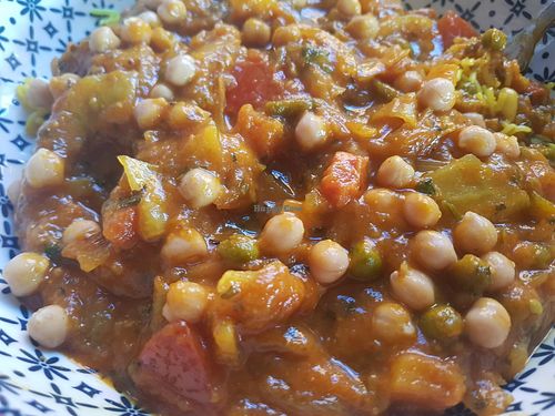 Vegan Jhal Misti with added chick peas and nut pilau rice at Spice Station in South Shields