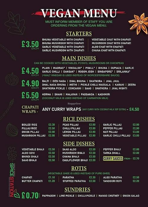 Vegan menu at Spice Station in South Shields