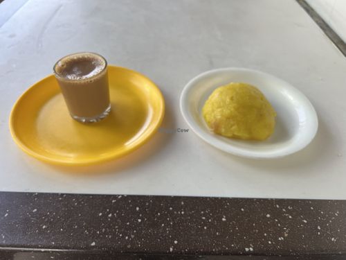 Chai and keshari bhat for $0.60 total   at Ayodhya Upachar in Bangalore
