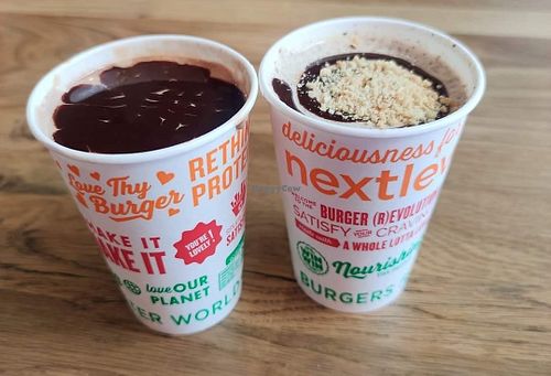 Chocolate and peanut butter cup milkshakes. at Next Level Veggie Grill in Denver