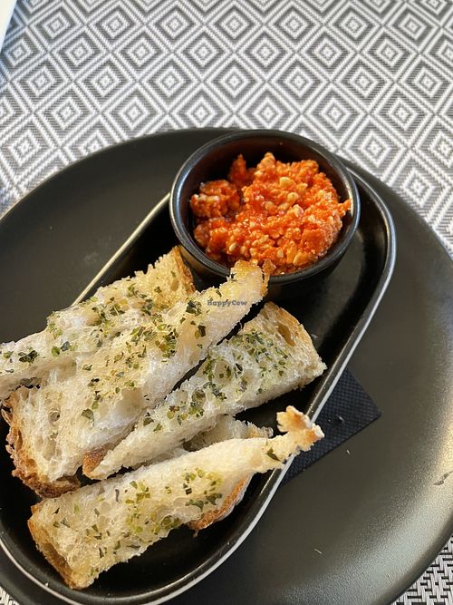 Free delish mallorca sobrosada that arrived before our entrees  at Vegan Bistró in Mallorca