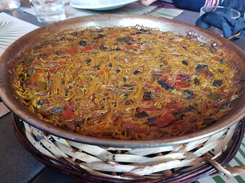 Vegetable fideua (mediterránean noodle dish) at Can Shelabi Restaurant in Cadaques