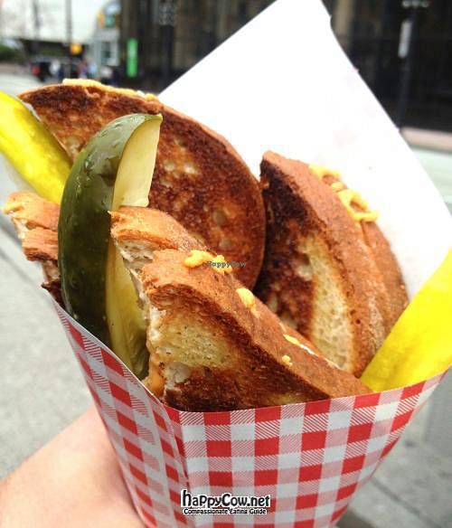 This is the Gluten Free bread with a mixture of 'mozzerella' and 'cheddar jack' Daiya Cheeses. at Mom's Grilled Cheese Truck in Vancouver