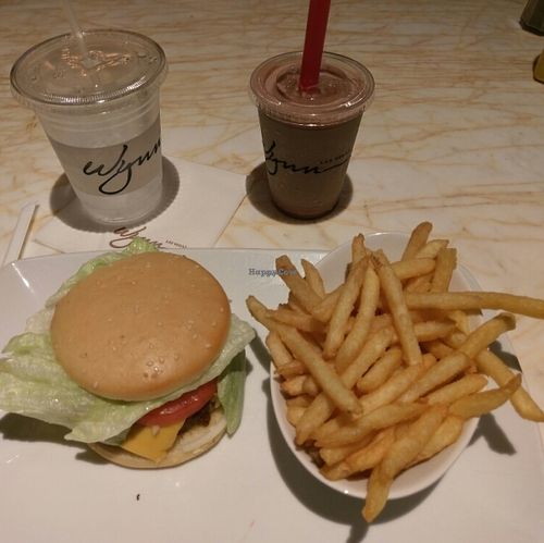 Wynn vegan burger meal with fries & chocolate shake at Wynn Hotel - Zoozacrackers Deli in Las Vegas