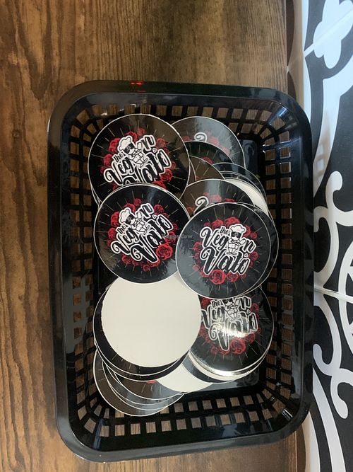 Free stickers promoting new restaurant   at The Vegan Vato in Victorville