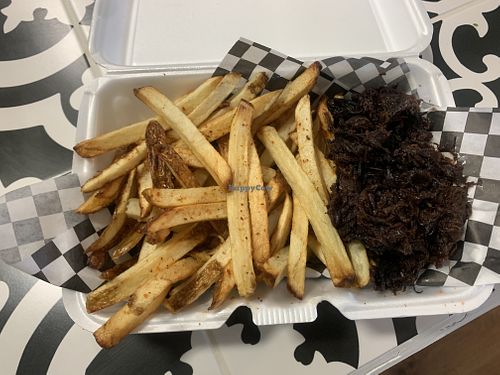 Fries and chorizo to go  at The Vegan Vato in Victorville
