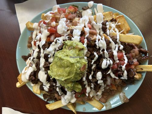 Asada nachos sub fries for chips   at El Cantaro Vegan Taqueria in Sacramento