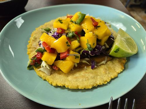 Soft Baja fish taco with Mango salsa at El Cantaro Vegan Taqueria in Sacramento