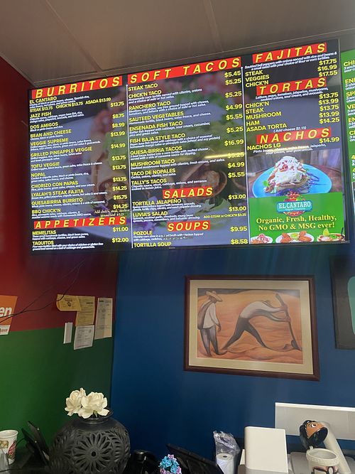 Digital Menu Options w/Pricing in USD  at El Cantaro Vegan Taqueria in Sacramento