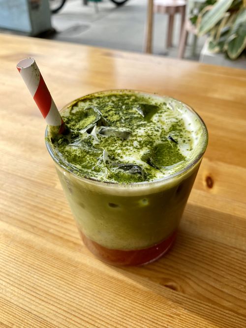 Vegan soy milk strawberry matcha   at Miss Sina in Marrickville