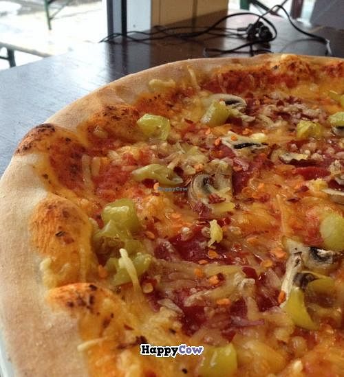 Vegan zeus pizza - peppers, mushrooms, vegan 'salami', vegan 'ham', vegan cheese at Zeus Pizza in Berlin