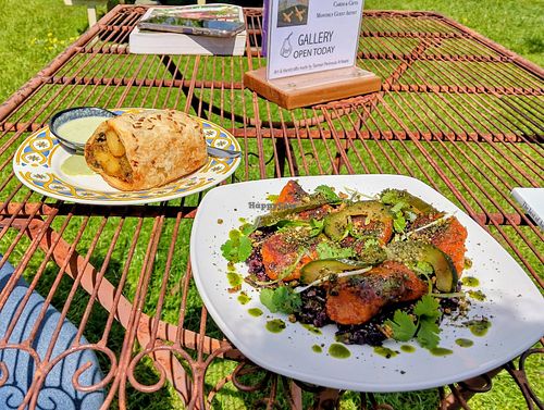 Miso glazed pumpkin on a bed of black rice and a samosa inspired sausage roll at The Pickers Pantry in White Beach