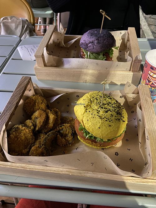 Burger and side of crispy aubergine  at Flower Burger - Muratori in Milan