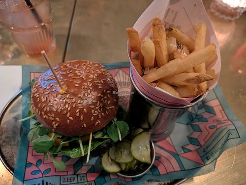 Vegan cheeseburger and fries at Bill's in Norwich