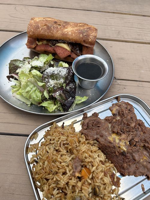 French Dip sandwich and refried beans and rice   at Papio's Place - Kiosk in Kihei