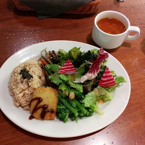 Chef special lunch set, including today's specials of Edamame patty and minestrone soup at Chaya Macrobiotics - Hibiya in Tokyo