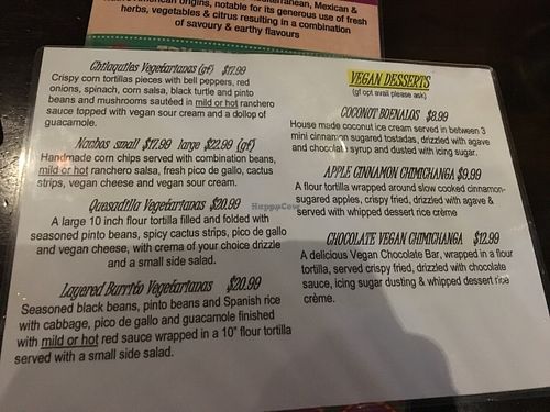 Vegan menu  at Pickled Cactus Mexican Restaurant in Biggera Waters