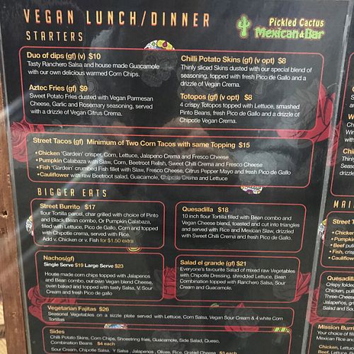 Vegan Options Menu as of June 2017 at Pickled Cactus Mexican Restaurant in Biggera Waters