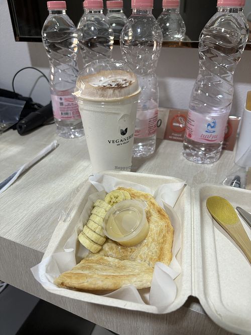 Thai milk tea and banana roti  at Veganerie - Lasalle in Bangkok