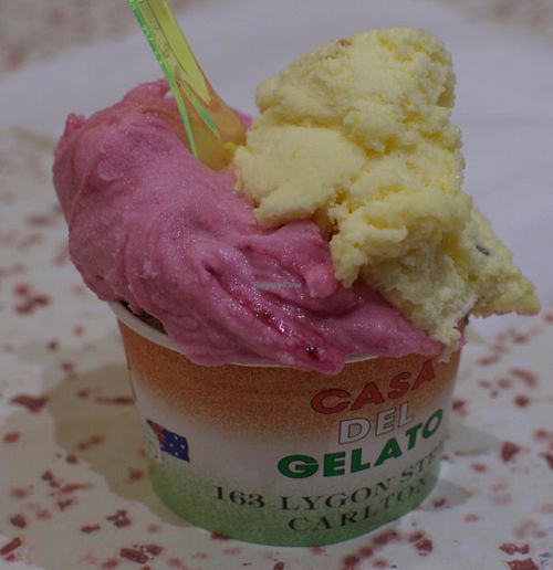 Small cup - Amarena (sour cherry) and passionfruit (with a hint of soy chocolate visible underneath) at Casa del Gelato in Carlton