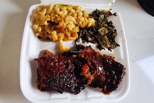 Meatloaf, Macncheese and greens at Mother Natures Soul Food Vegan in Lynchburg