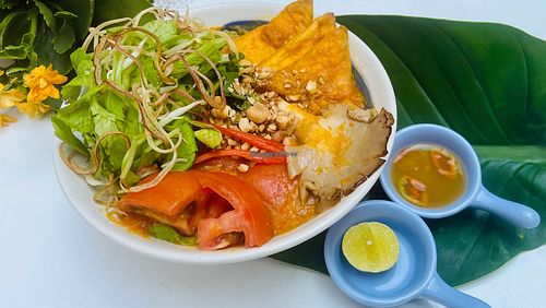 traditional Mi Quang soup, originated from central Viet Nam, all natural sweet and flavor from organic growth veggies at Loving Hut Diệp Lâm Vegan in Ho Chi Minh City