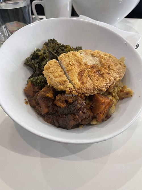 Fried chicken soul bowl  at Greedi Vegan in Brooklyn