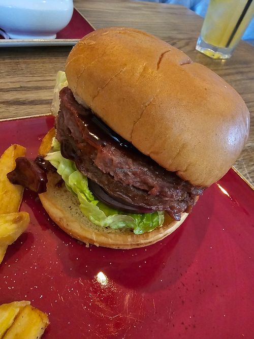 Vegan beyond meat stack burger and chips. at Hungry Horse - Chase in Thetford