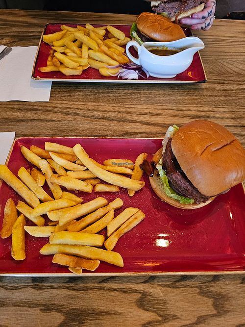 Vegan beyond meat stack burger and chips. at Hungry Horse - Chase in Thetford