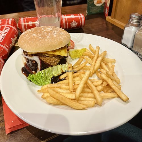 Vegan burger (served with cauliflower cheese on top not vegan)   at Farmhouse Inns - Plum Tree Farm in Blackpool