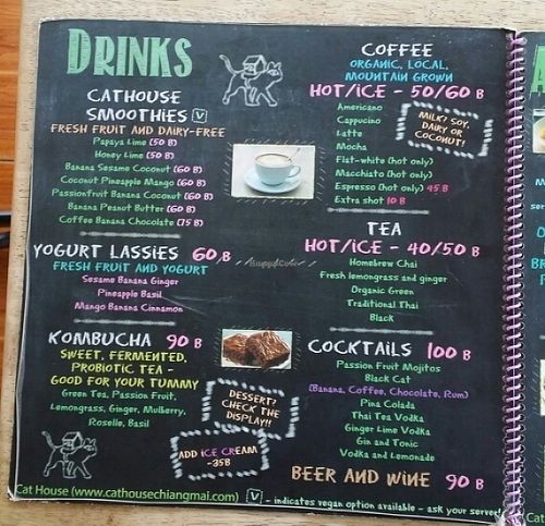 drinks menu at Cat House in Chiang Mai
