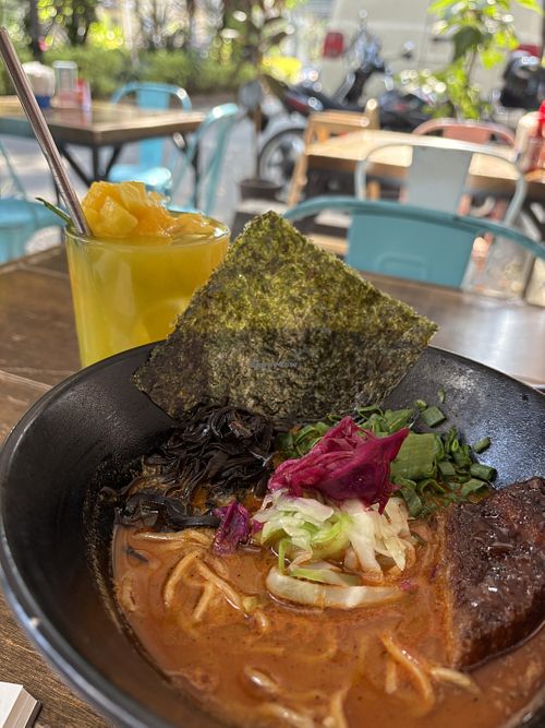 Spicy ramen with mango matcha  at Vegan Ramen Mei - Condesa in Mexico City