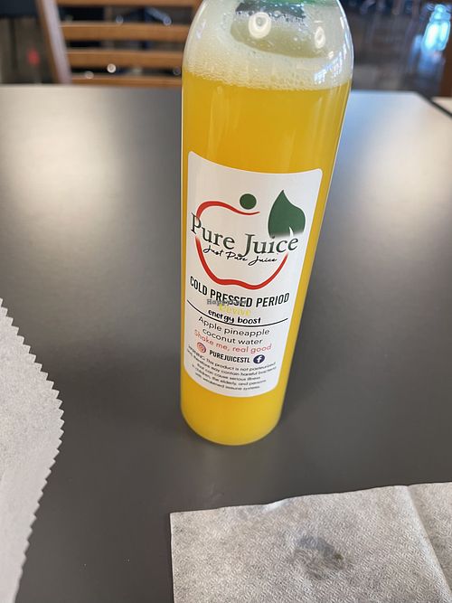 Pure Juice (owned by another person) sold here   at Adina's Vegan Cuisine in St Louis
