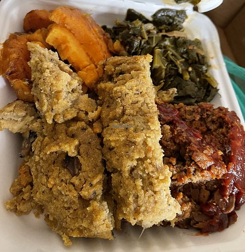 Soulfood! Dressing, collard greens, sweet potatoes, and meatloaf. Delicious ! #Veganuary at Adina's Vegan Cuisine in St Louis
