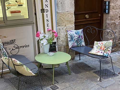 Outside seating area. Enjoy a tea or coffee and an edible work of art!   at Les Caprices de Pauline in Grasse