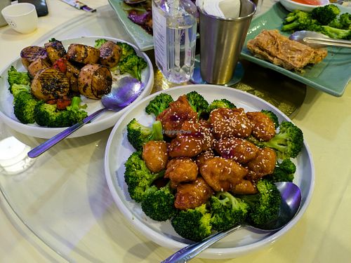 Sesame "Chicken", "Scallops", and "Duck", with Green Tea at Bodhi Village at Bodhi Village in Flushing
