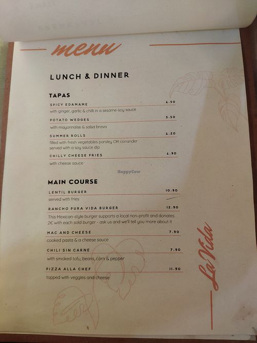 Menu at La Vida in Denia
