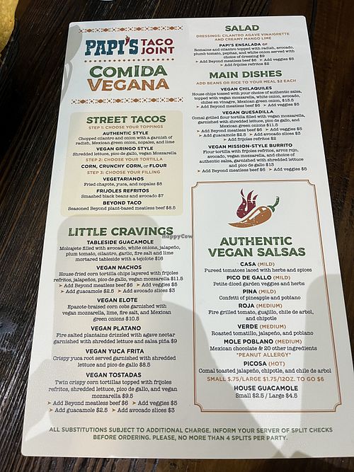 Vegan Menu  at Papi's Tacos in Ocean City
