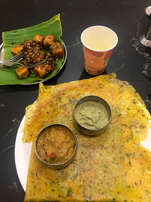 "paneer" manchurian top left (Tofu), and Rava Dosa bottom right at PRATIDINAM in Karnataka