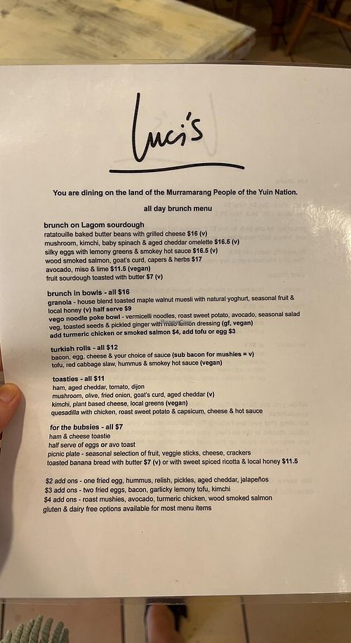 Food menu  at Luci's  in Bawley Point