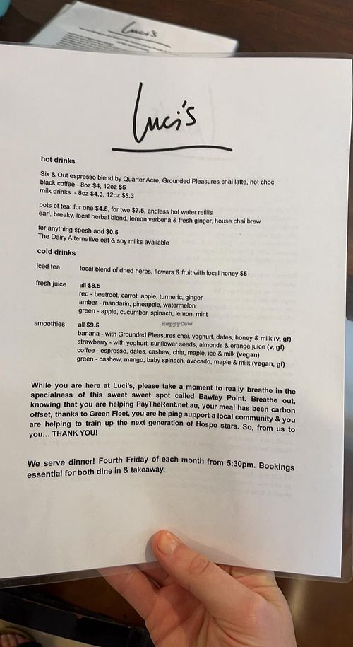 Drinks menu  at Luci's  in Bawley Point