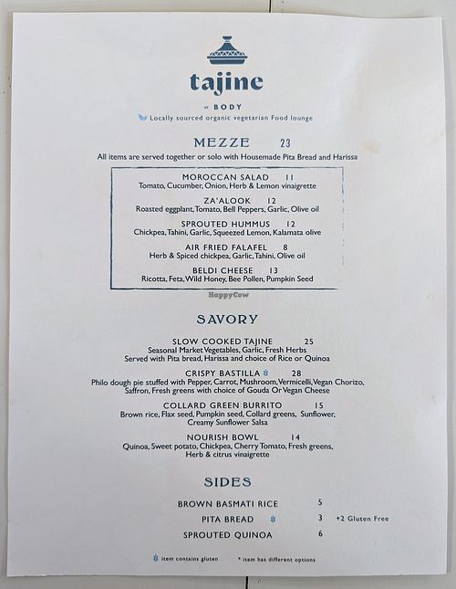 Menu at Tajine in Santa Fe