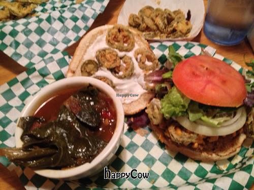 Collard Green, Jalapeño Cheddar Burger & Fried Pickles at Bean Vegan Cuisine in Charlotte