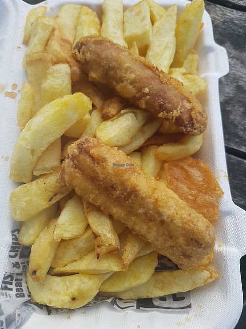 Vegan sausage and chips at Fishermans Bay in Whitley Bay