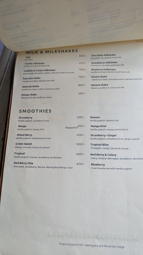 Smoothie menu at The River Café in Nairobi
