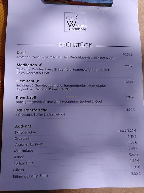Breakfast menu at Café Warenannahme  in Hannover