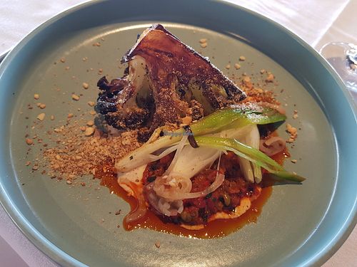 Charred cauliflower with a harissa dressing - to die for! at The Boat House in Barton