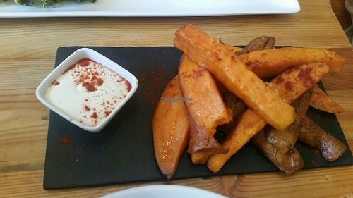 Sweet potato wedges with aioli at Wild Food Cafe in London