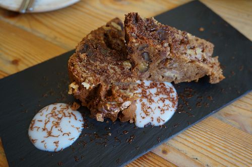 Banana bread w/Almond vanilla custard at Wild Food Cafe in London